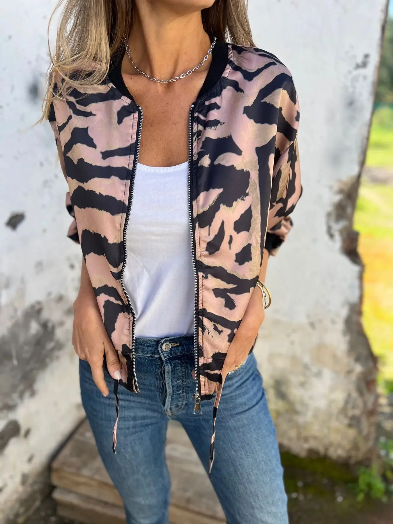 Women's Bomber Jacket Black White Print Zipper Autumn Wear - Image 2