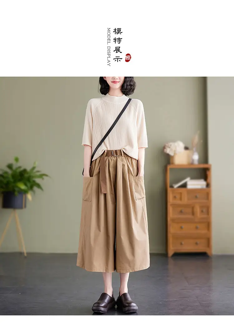 Real Shot 2025 Summer Casual Pure Cotton Cropped Wide-leg Pants — feature 10