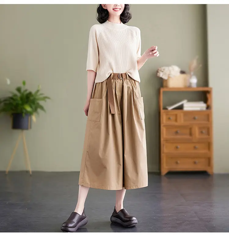 Real Shot 2025 Summer Casual Pure Cotton Cropped Wide-leg Pants — feature 13