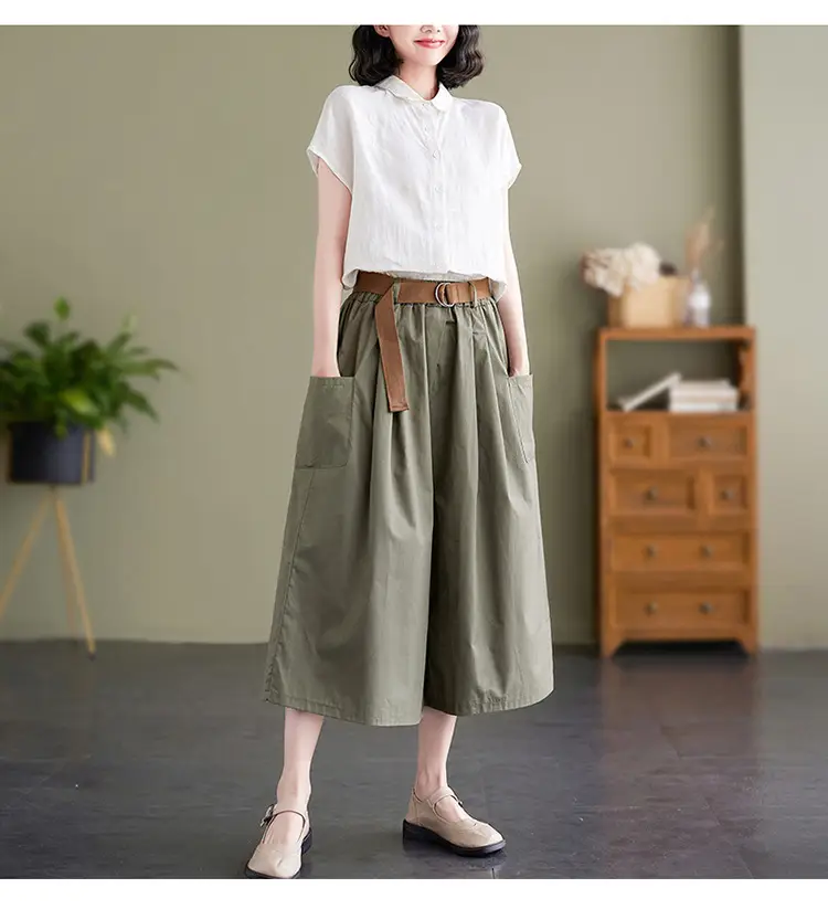 Real Shot 2025 Summer Casual Pure Cotton Cropped Wide-leg Pants — feature 20