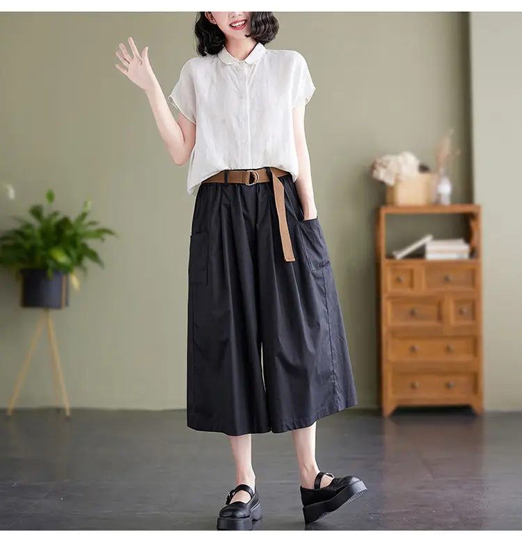 Real Shot 2025 Summer Casual Pure Cotton Cropped Wide-leg Pants — feature 28