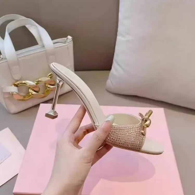 Rhinestone Strap Sandals for Women Summer 2026 New European and American Style Runway High Heels Thin Heel Round Toe Bowknot Slippers - Image 3