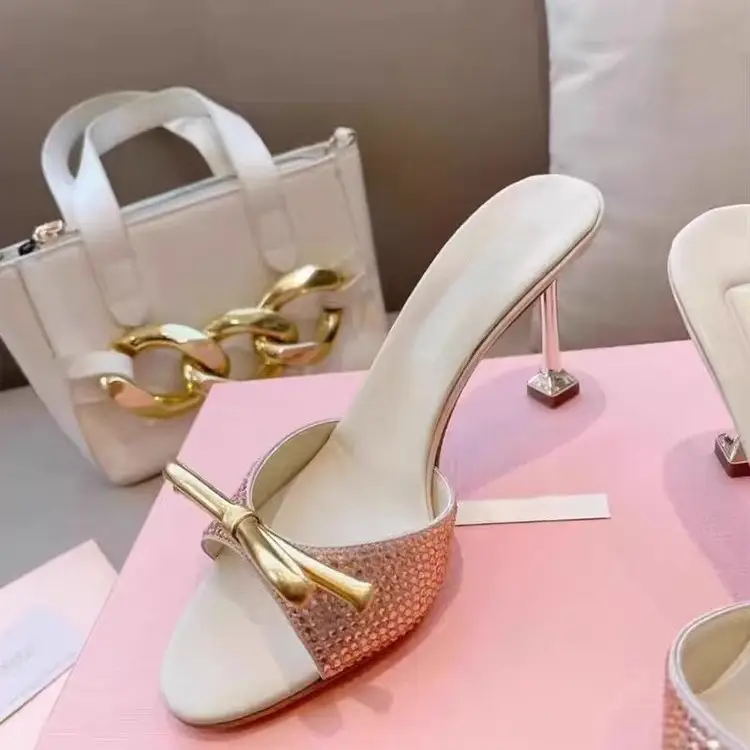 Rhinestone Strap Sandals for Women Summer 2026 New European and American Style Runway High Heels Thin Heel Round Toe Bowknot Slippers - Image 4
