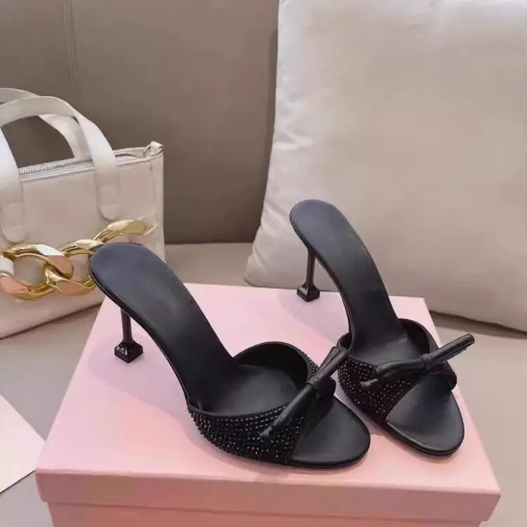 Rhinestone Strap Sandals for Women Summer 2026 New European and American Style Runway High Heels Thin Heel Round Toe Bowknot Slippers - Image 5