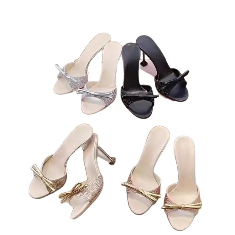 Rhinestone Strap Sandals for Women Summer 2026 New European and American Style Runway High Heels Thin Heel Round Toe Bowknot Slippers - Image 6
