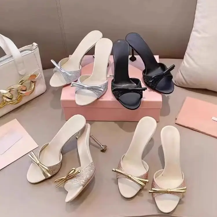 Rhinestone Strap Sandals for Women Summer 2026 New European and American Style Runway High Heels Thin Heel Round Toe Bowknot Slippers — feature 2