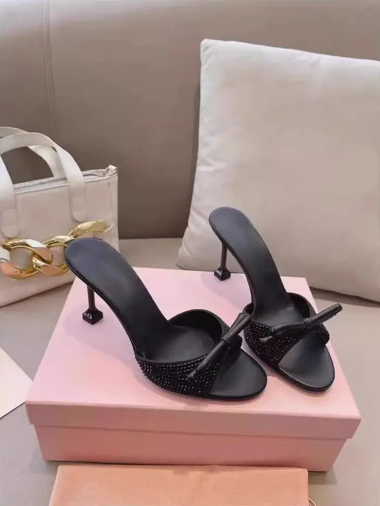 Rhinestone Strap Sandals for Women Summer 2026 New European and American Style Runway High Heels Thin Heel Round Toe Bowknot Slippers - Image 2