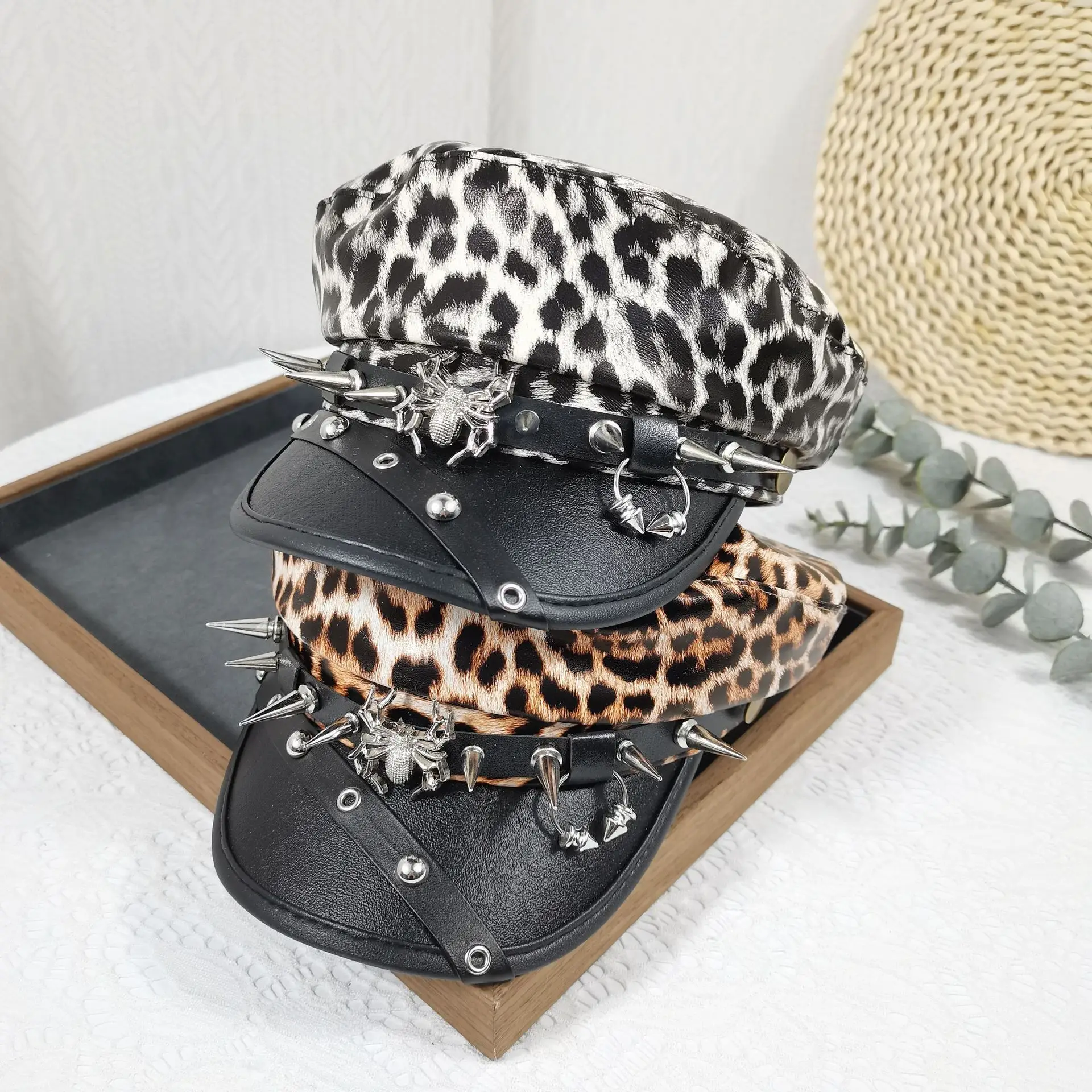 Leopard Print Rivet Flat Hat Navy Black - Image 5