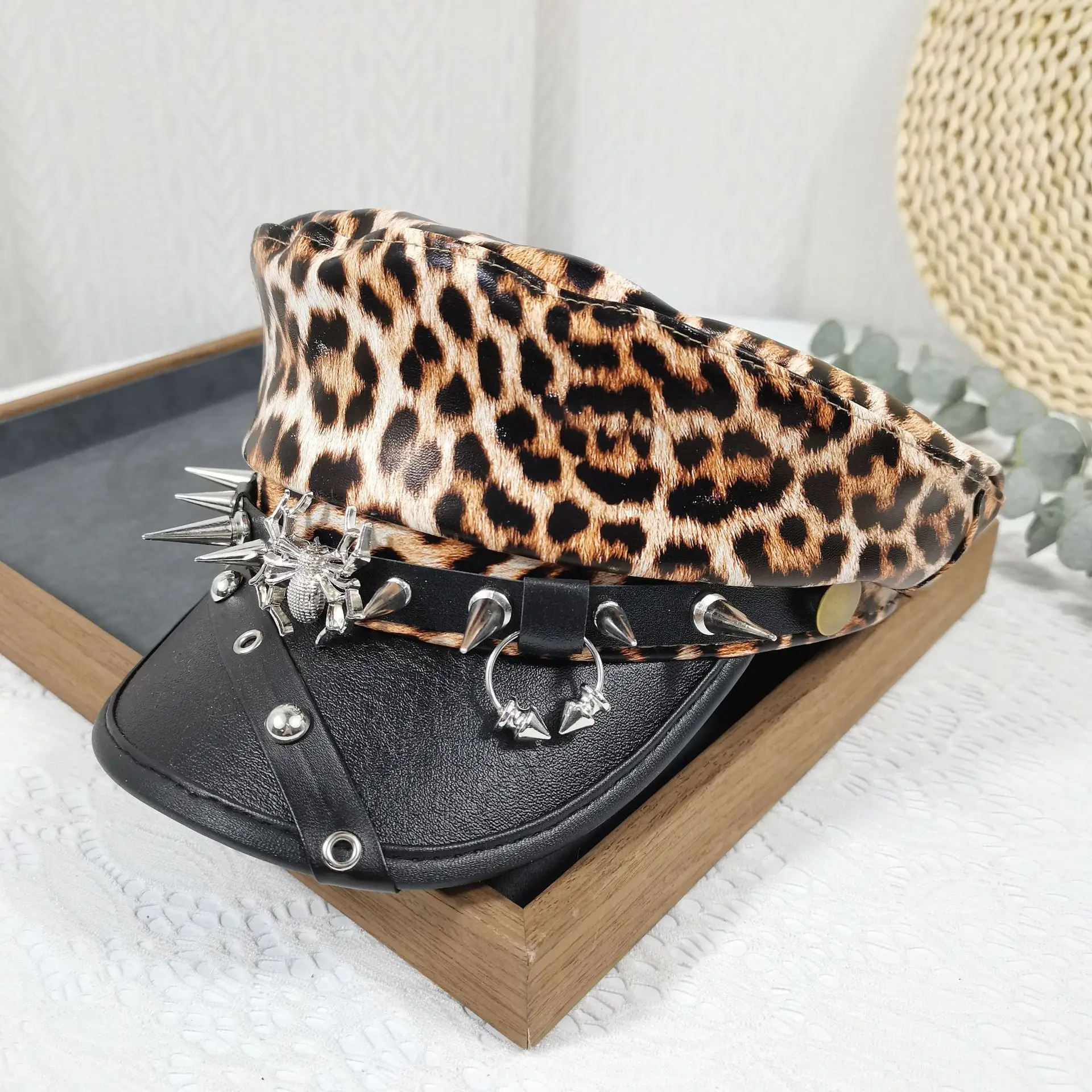 Leopard Print Rivet Flat Hat Navy Black - Image 6