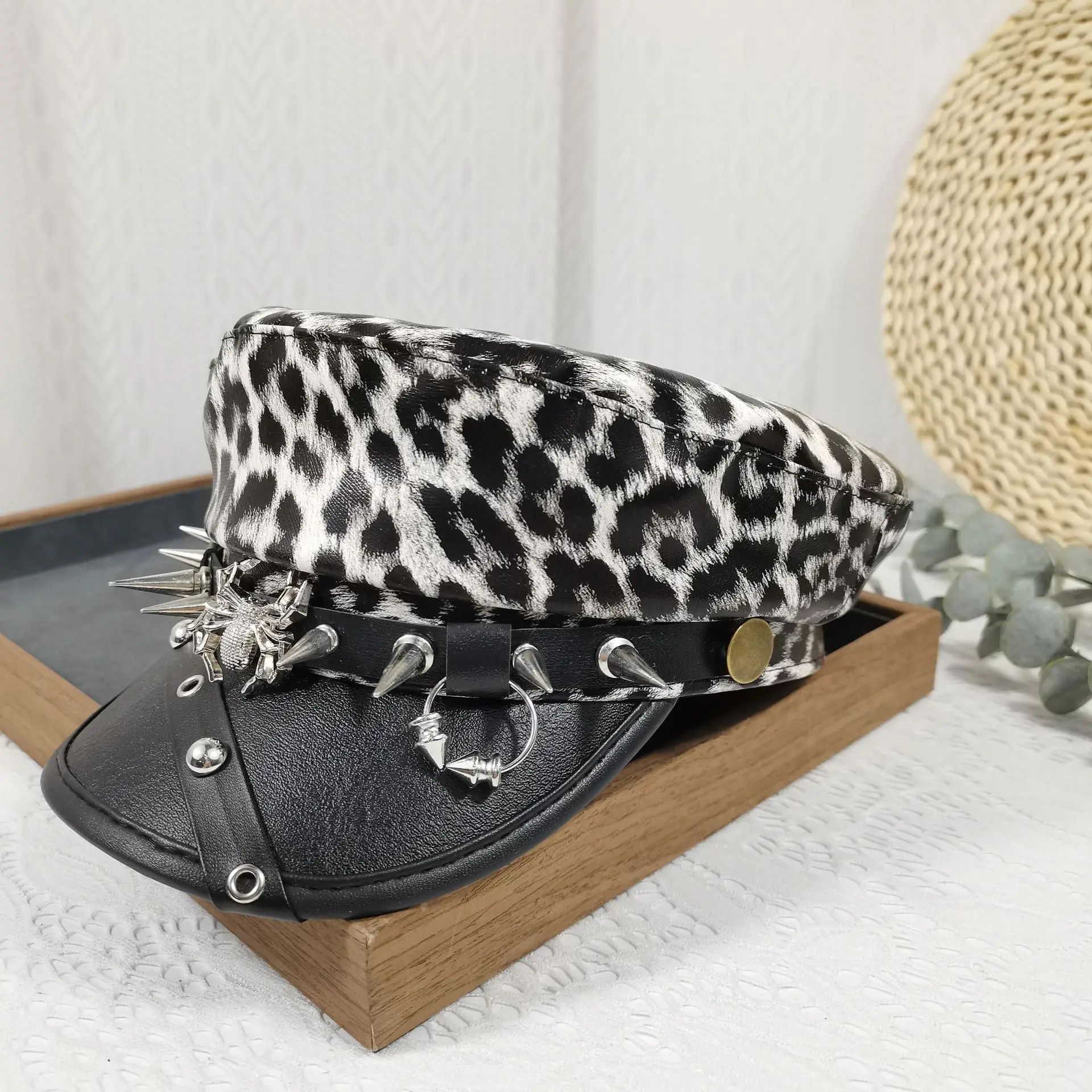 Leopard Print Rivet Flat Hat Navy Black - Image 7