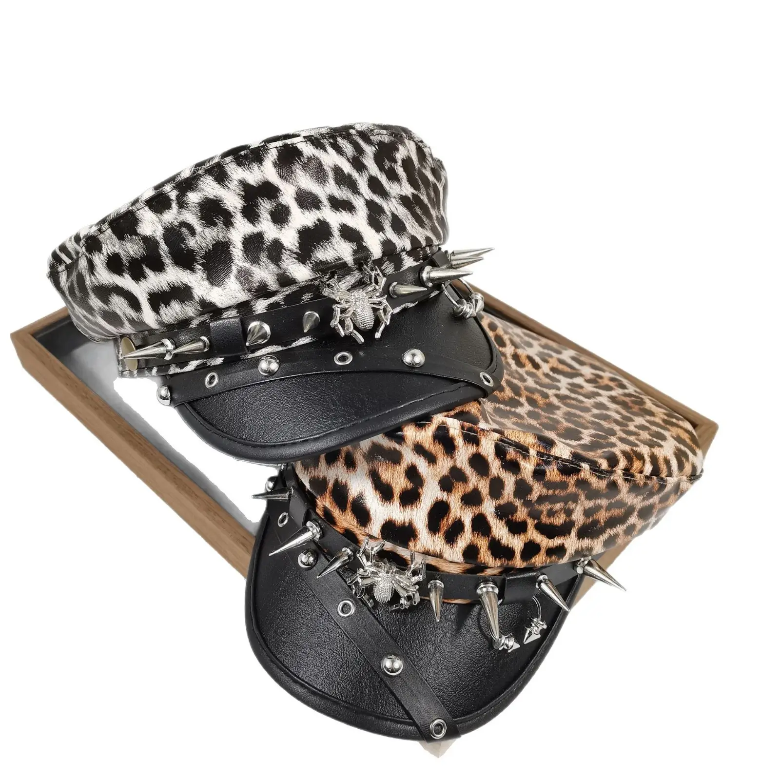 Leopard Print Rivet Flat Hat Navy Black - Image 9