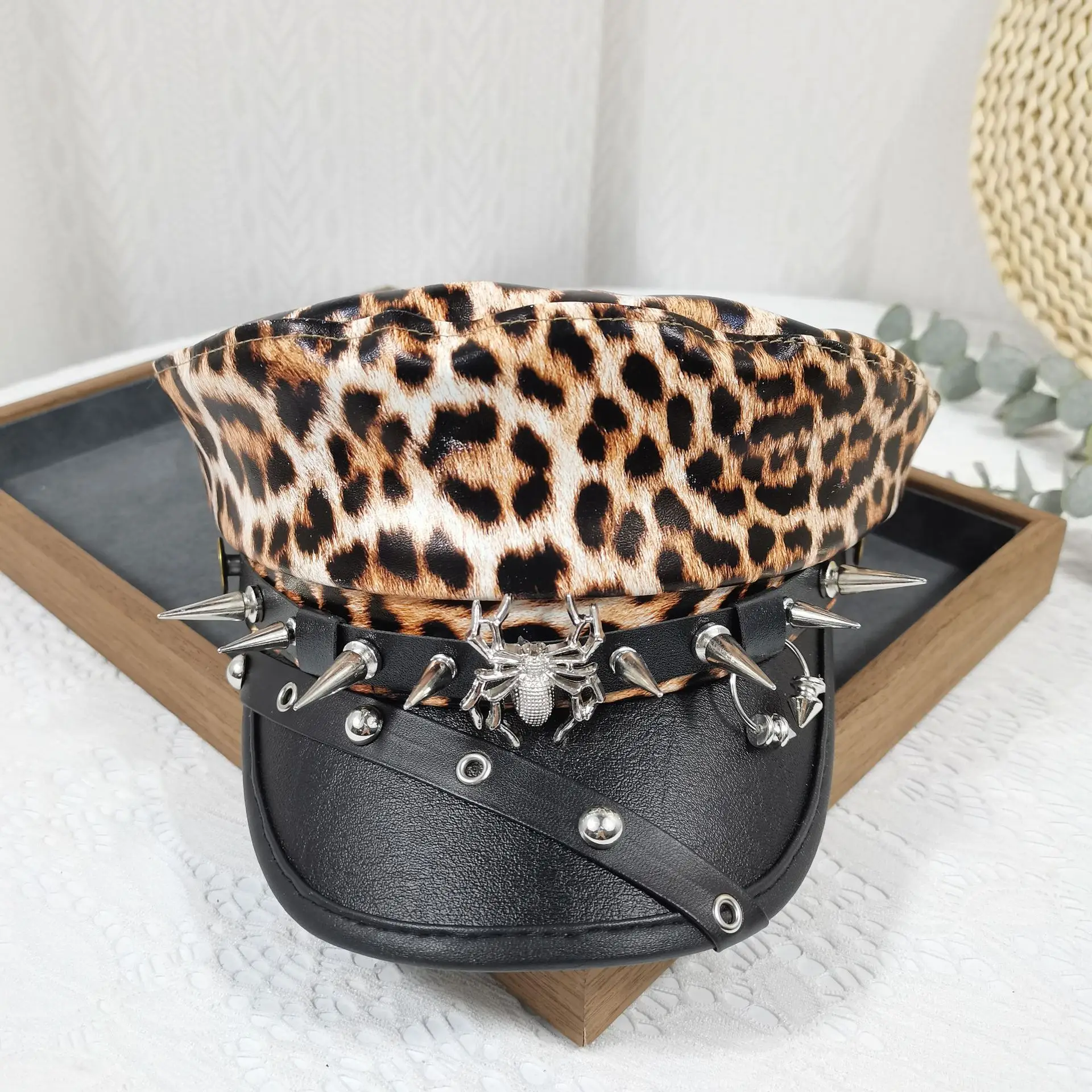 Leopard Print Rivet Flat Hat Navy Black - Image 2