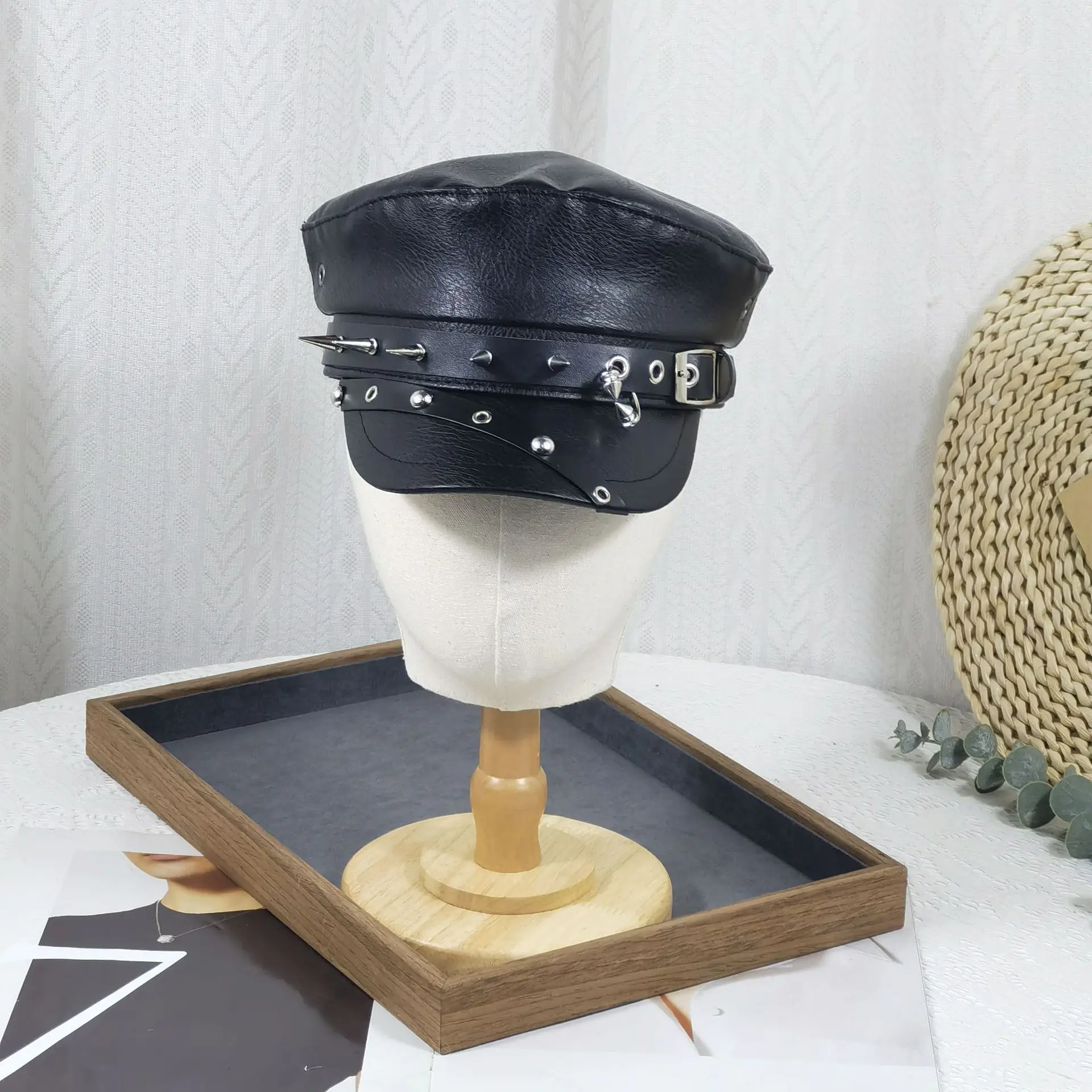 Leopard Print Rivet Flat Hat Navy Black - Image 3