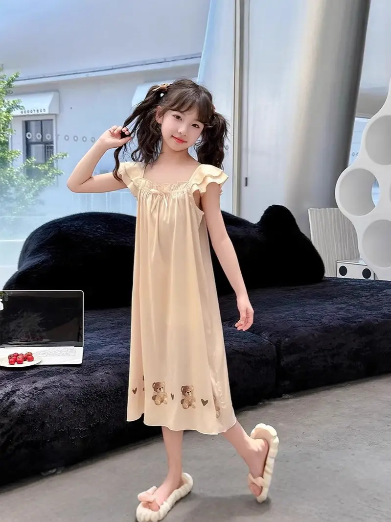 Girls' Nightgown Summer New Korean Style Suspender Dress for Girls, Ice Silk Outerwear for Older Children, Cute Children's Sleepwear Dress