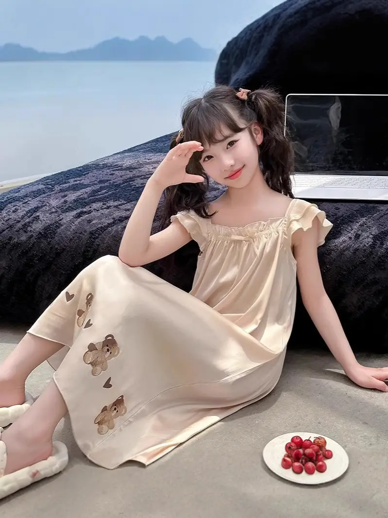 Girls' Nightgown Summer New Korean Style Suspender Dress for Girls, Ice Silk Outerwear for Older Children, Cute Children's Sleepwear Dress