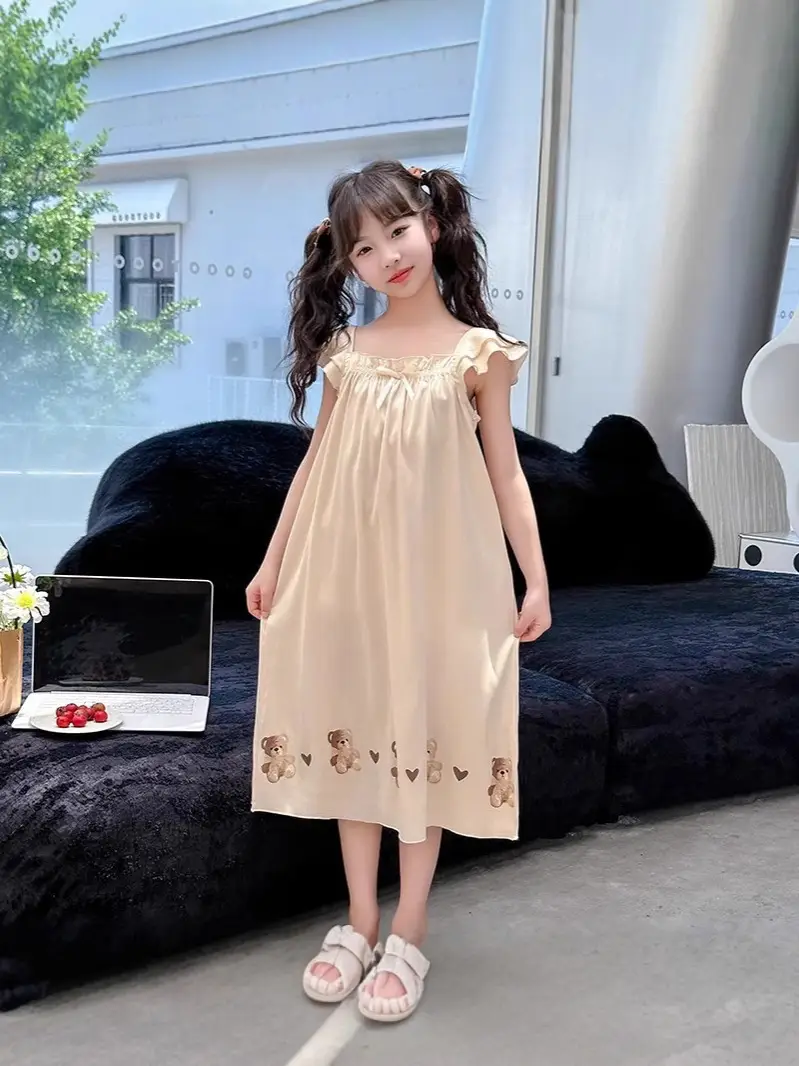 Girls' Nightgown Summer New Korean Style Suspender Dress for Girls, Ice Silk Outerwear for Older Children, Cute Children's Sleepwear Dress