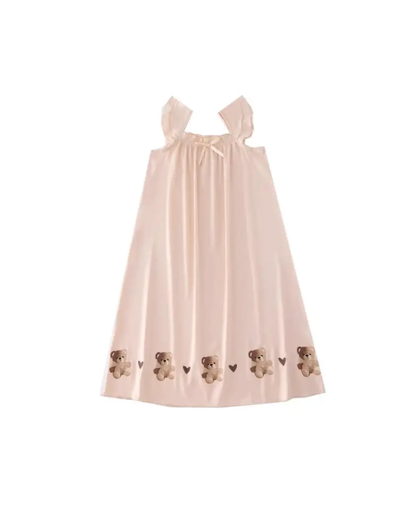 Girls' Nightgown Summer New Korean Style Suspender Dress for Girls, Ice Silk Outerwear for Older Children, Cute Children's Sleepwear Dress