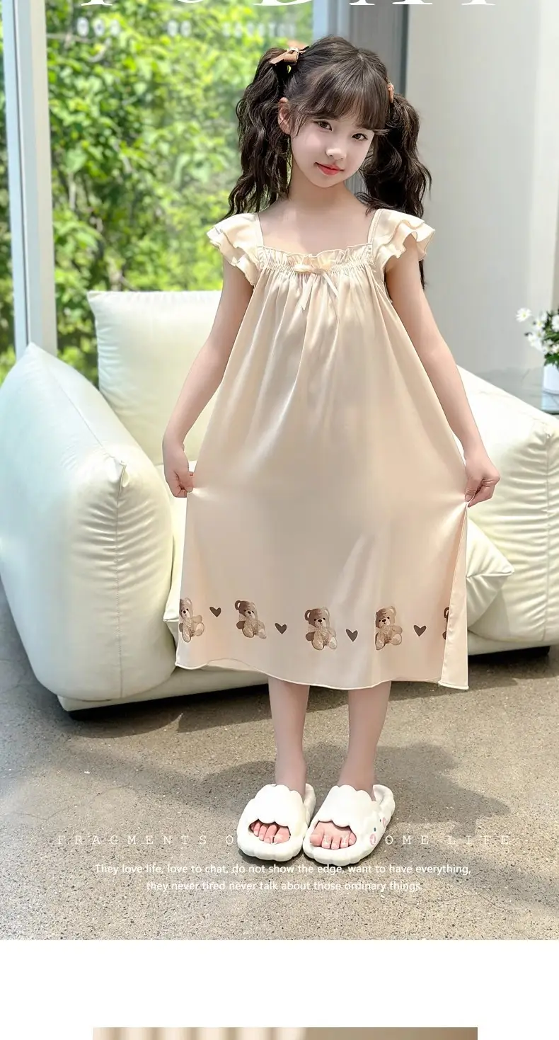 Girls' Nightgown Summer New Korean Style Suspender Dress for Girls, Ice Silk Outerwear for Older Children, Cute Children's Sleepwear Dress — feature 11