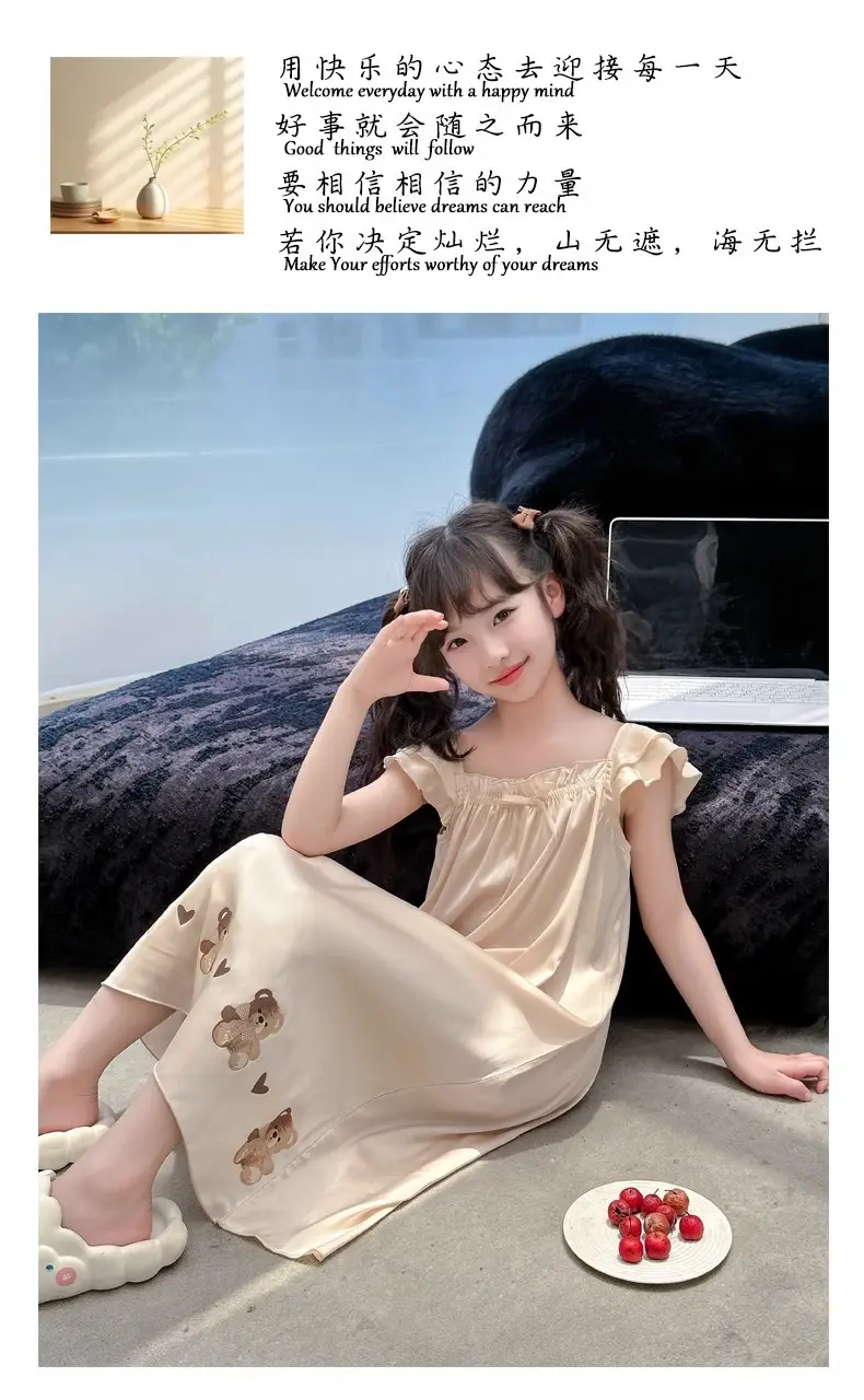 Girls' Nightgown Summer New Korean Style Suspender Dress for Girls, Ice Silk Outerwear for Older Children, Cute Children's Sleepwear Dress — feature 5