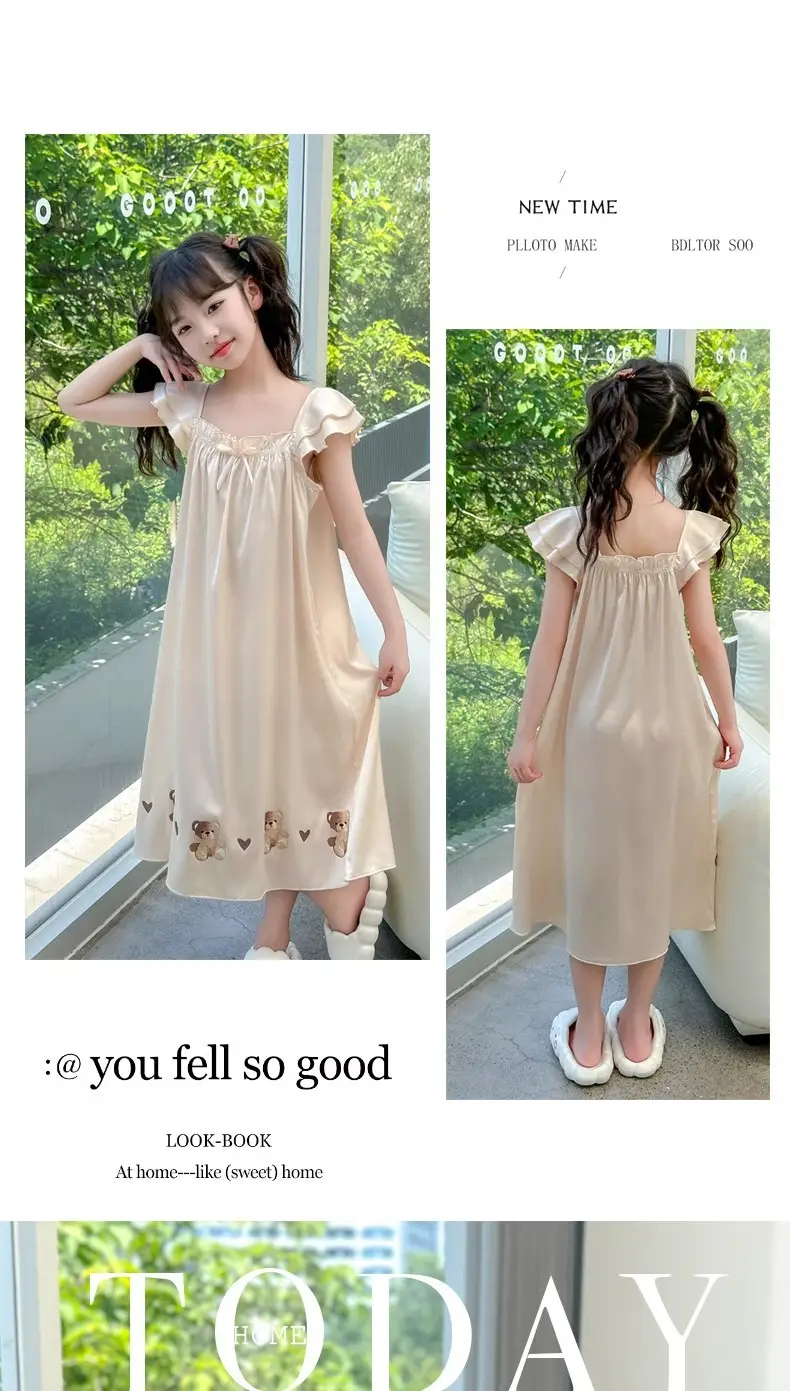Girls' Nightgown Summer New Korean Style Suspender Dress for Girls, Ice Silk Outerwear for Older Children, Cute Children's Sleepwear Dress — feature 9