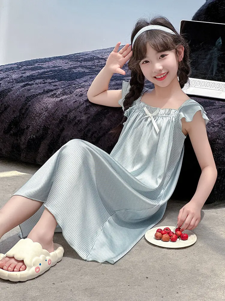 Girls' Nightgown Summer New Korean Style Suspender Dress for Girls, Ice Silk Outerwear for Older Children, Cute Children's Sleepwear Dress