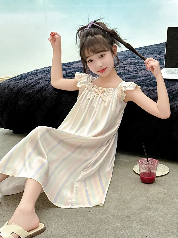 Girls' Nightgown Summer New Korean Style Suspender Dress for Girls, Ice Silk Outerwear for Older Children, Cute Children's Sleepwear Dress