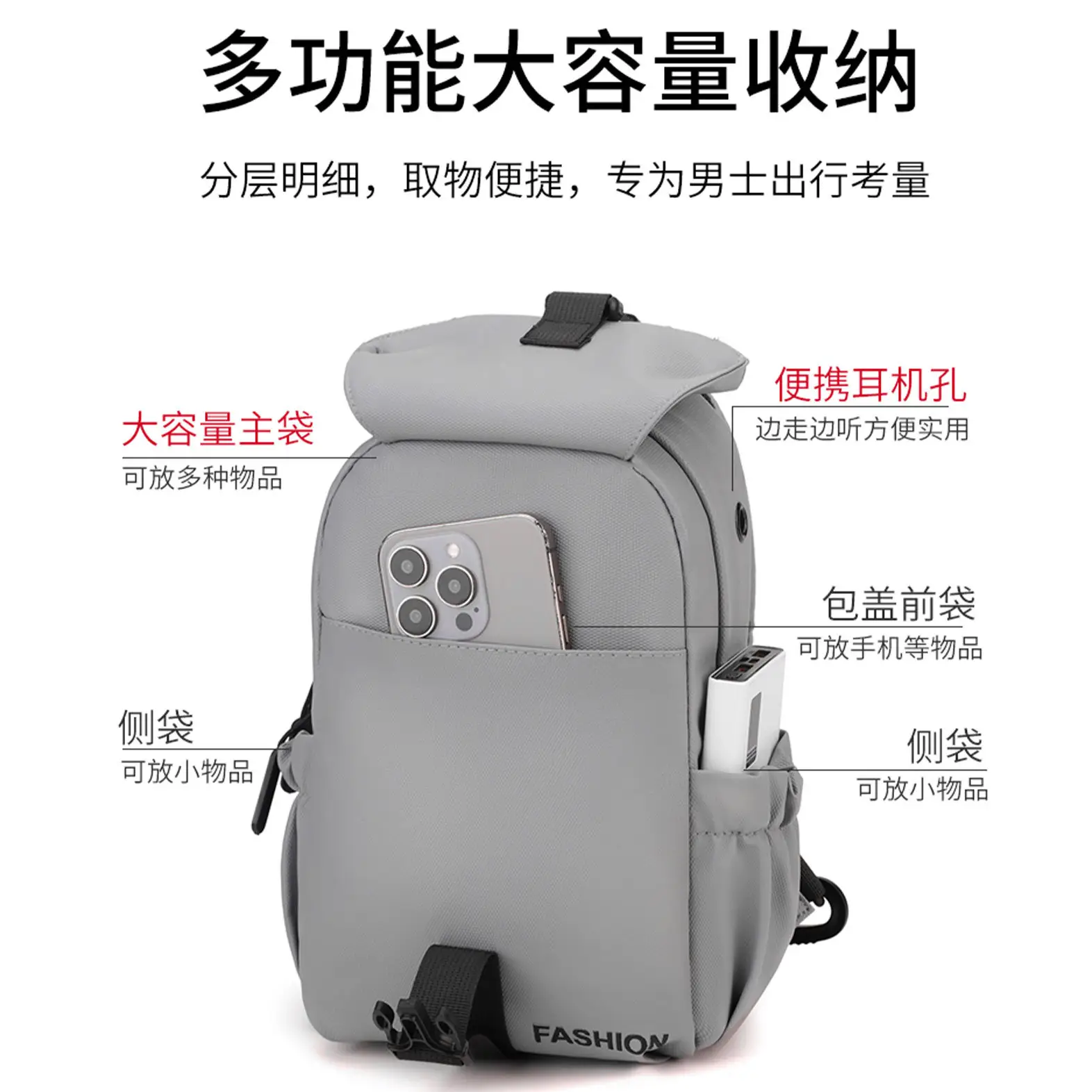Men Grey Crossbody Backpack Large Capacity Lightweight Casual Bag - Image 6
