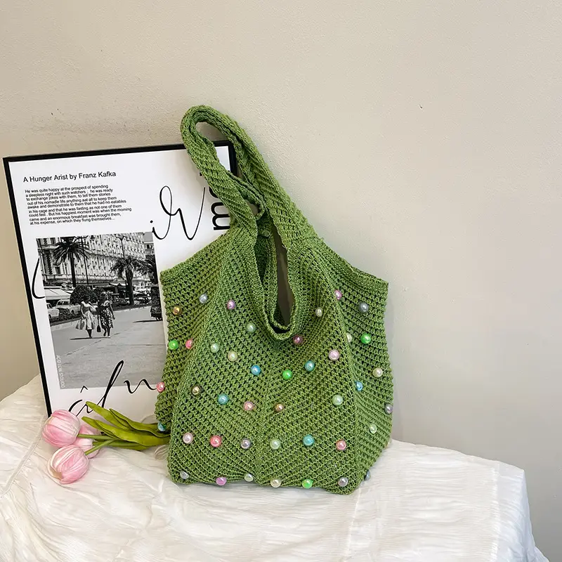Green Embellished Knitted Women's Shoulder Bag - Image 5