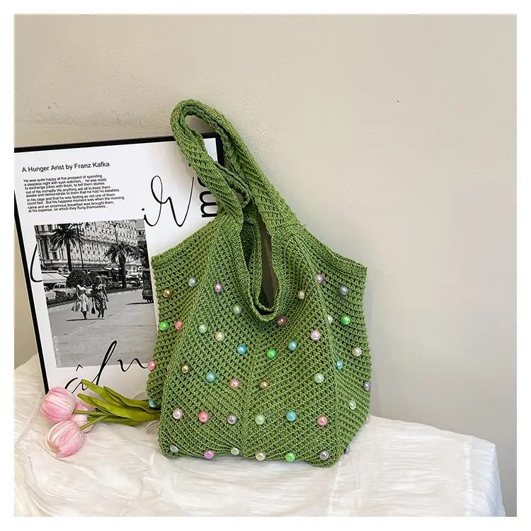 Green Embellished Knitted Women's Shoulder Bag - Image 4