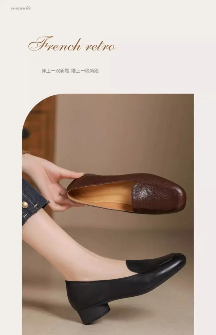 French Retro Soft Leather Loafers for Women, Thick Heel, Small Leather Shoes, 2025 Spring New Low Heel Pumps — feature 1