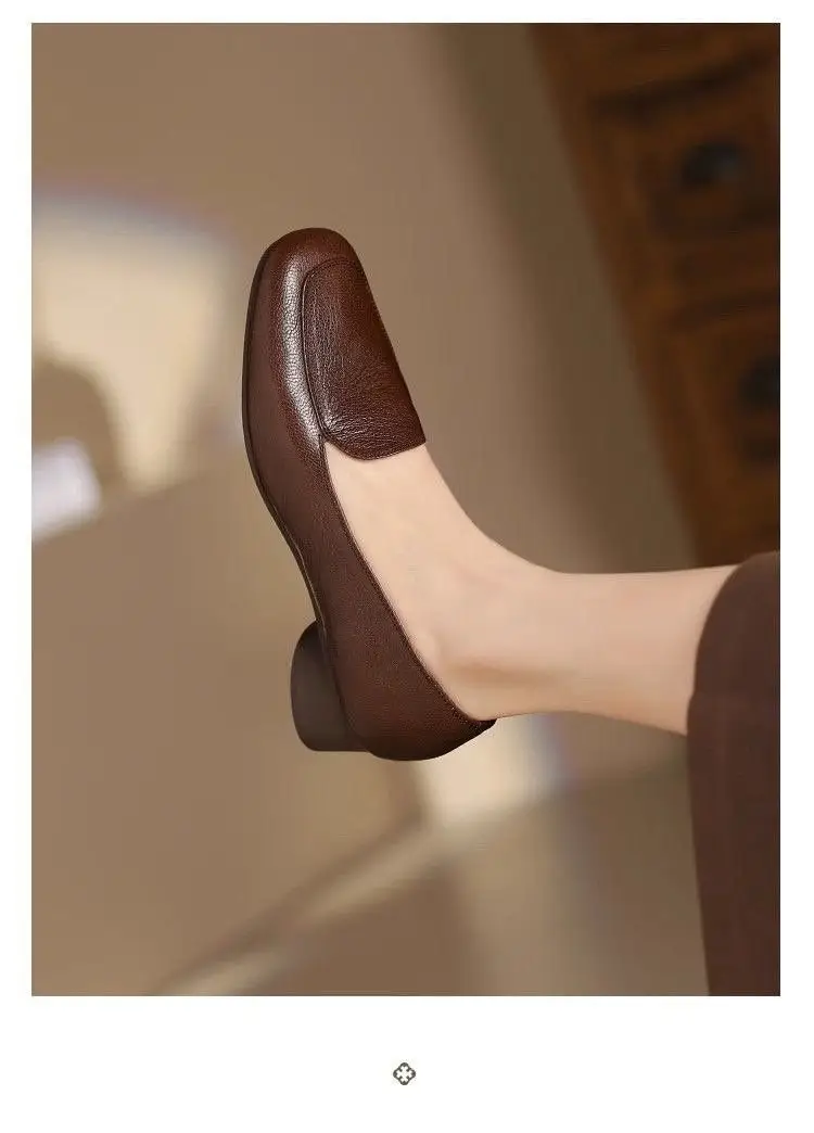 French Retro Soft Leather Loafers for Women, Thick Heel, Small Leather Shoes, 2025 Spring New Low Heel Pumps — feature 5