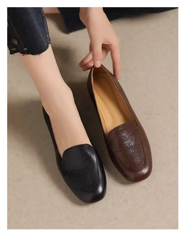 French Retro Soft Leather Loafers for Women, Thick Heel, Small Leather Shoes, 2025 Spring New Low Heel Pumps — feature 8