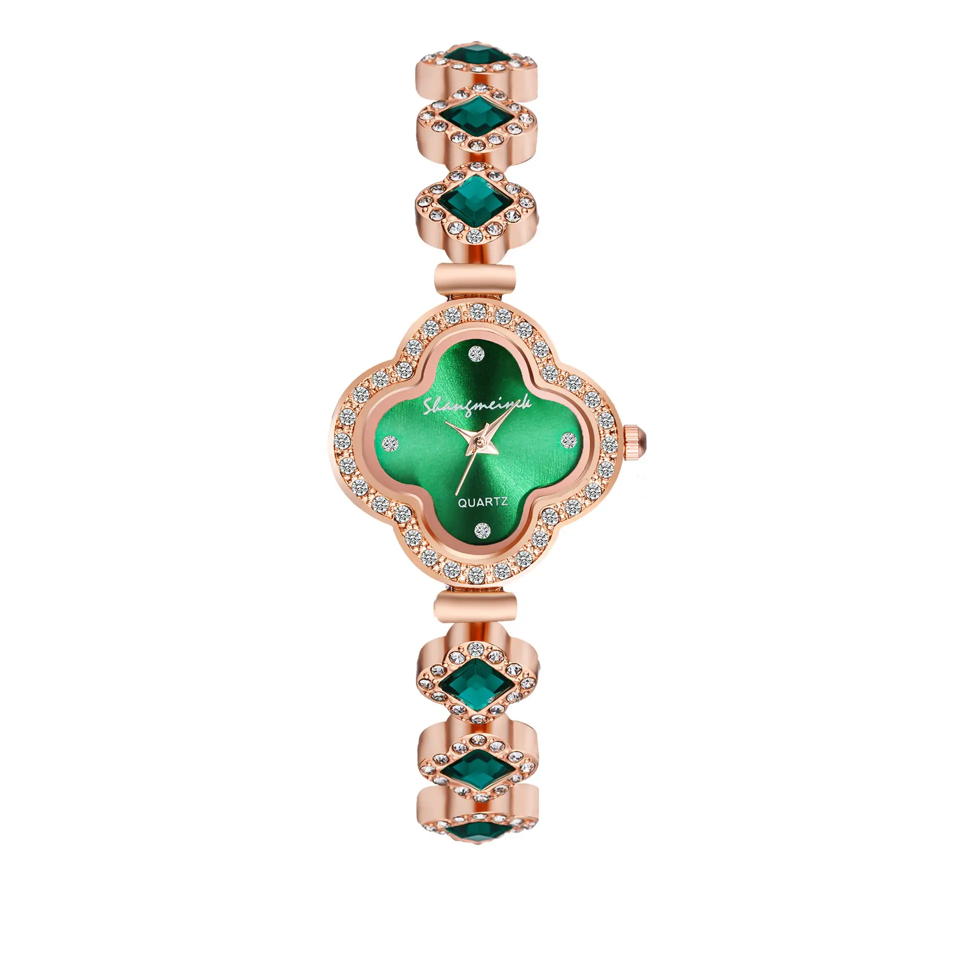 Purple Four Leaf Clover Women's Quartz Watch with Gemstone Bracelet