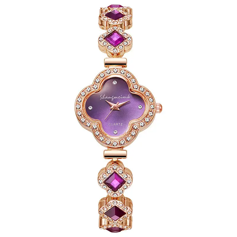 Purple Four Leaf Clover Women's Quartz Watch with Gemstone Bracelet