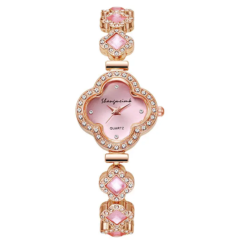 Purple Four Leaf Clover Women's Quartz Watch with Gemstone Bracelet
