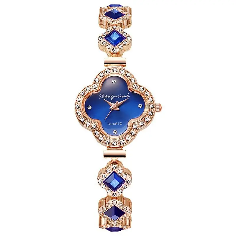 Purple Four Leaf Clover Women's Quartz Watch with Gemstone Bracelet