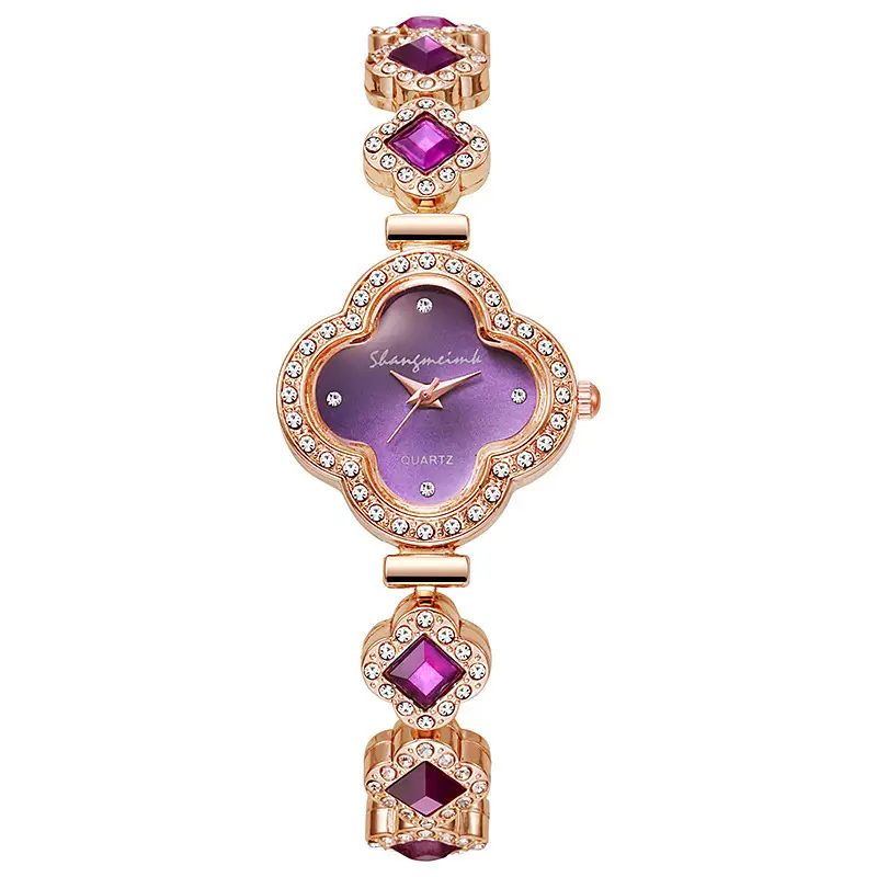 Purple Four Leaf Clover Women's Quartz Watch with Gemstone Bracelet — feature 7