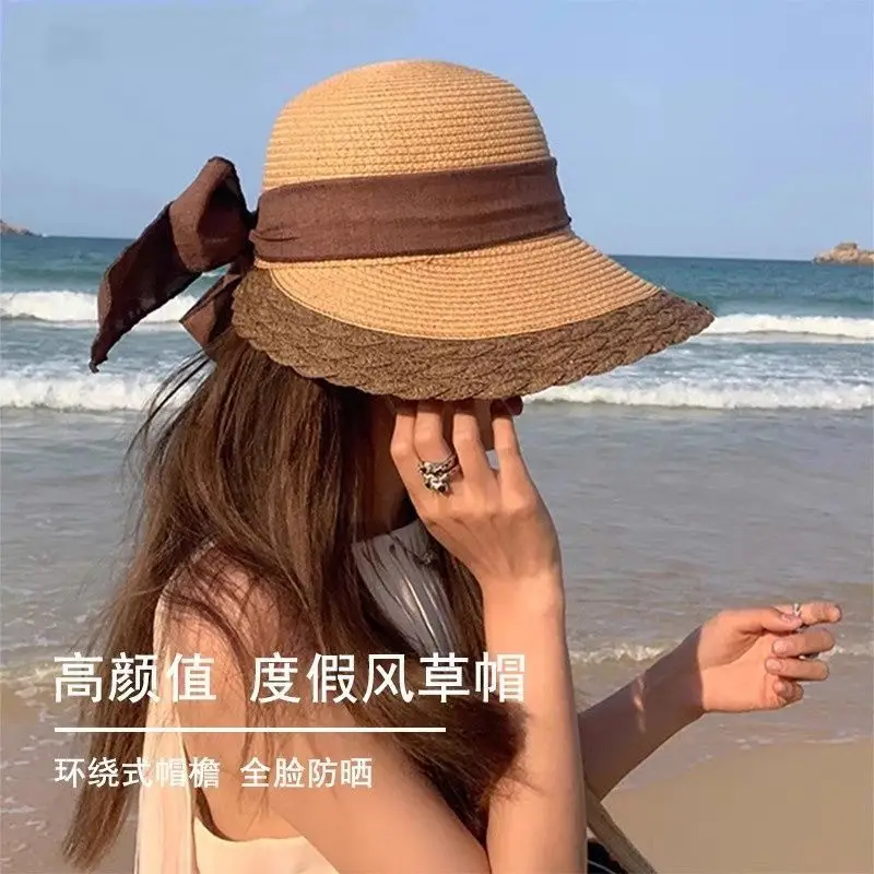 Korean Style Straw Sun Hat with Lace-Up Bow - Image 4