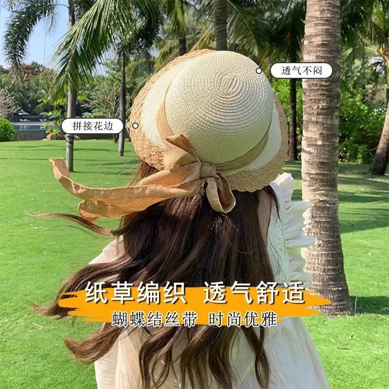 Korean Style Straw Sun Hat with Lace-Up Bow - Image 5