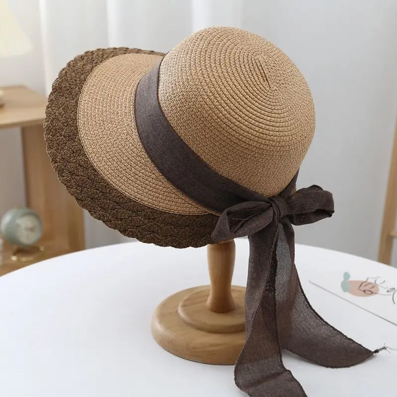 Korean Style Straw Sun Hat with Lace-Up Bow - Image 2