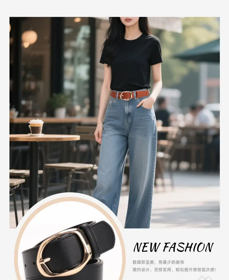Women's Black PU Belt with Gold Oval Buckle — feature 24