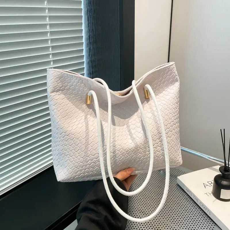 2025 Women's White Textured Shoulder Bag with White Handles