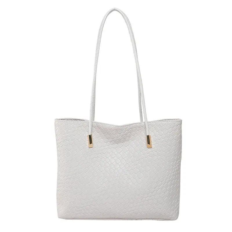 2025 Women's White Textured Shoulder Bag with White Handles