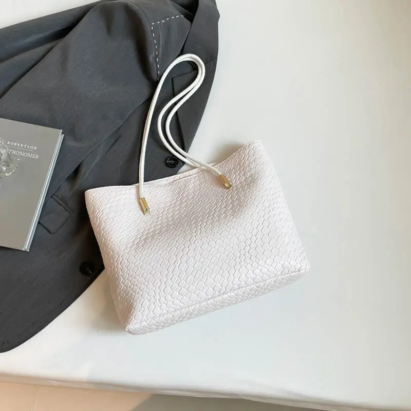 2025 Women's White Textured Shoulder Bag with White Handles