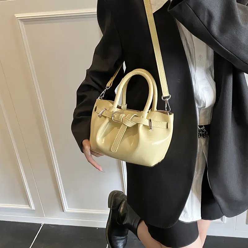 Women Pleated Handbag Gold One Shoulder Bucket Bag - Image 7