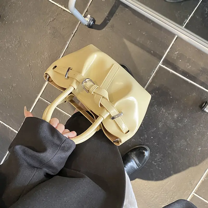 Women Pleated Handbag Gold One Shoulder Bucket Bag - Image 8