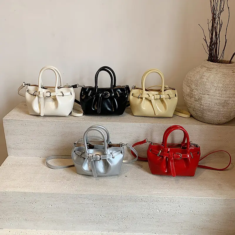 Women Pleated Handbag Gold One Shoulder Bucket Bag - Image 9