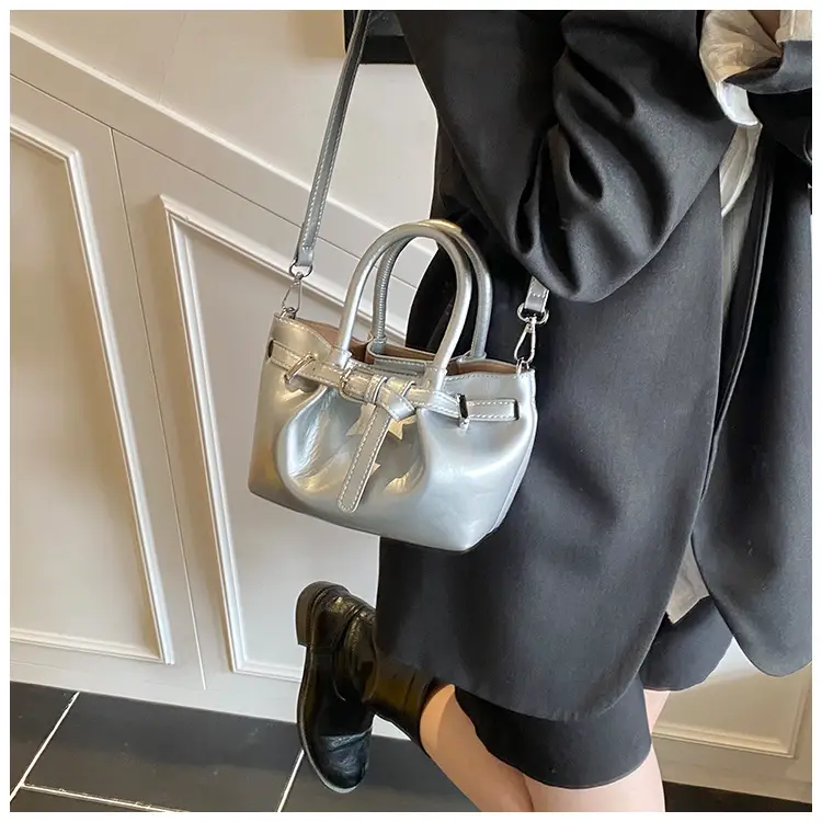Women Pleated Handbag Gold One Shoulder Bucket Bag — feature 12