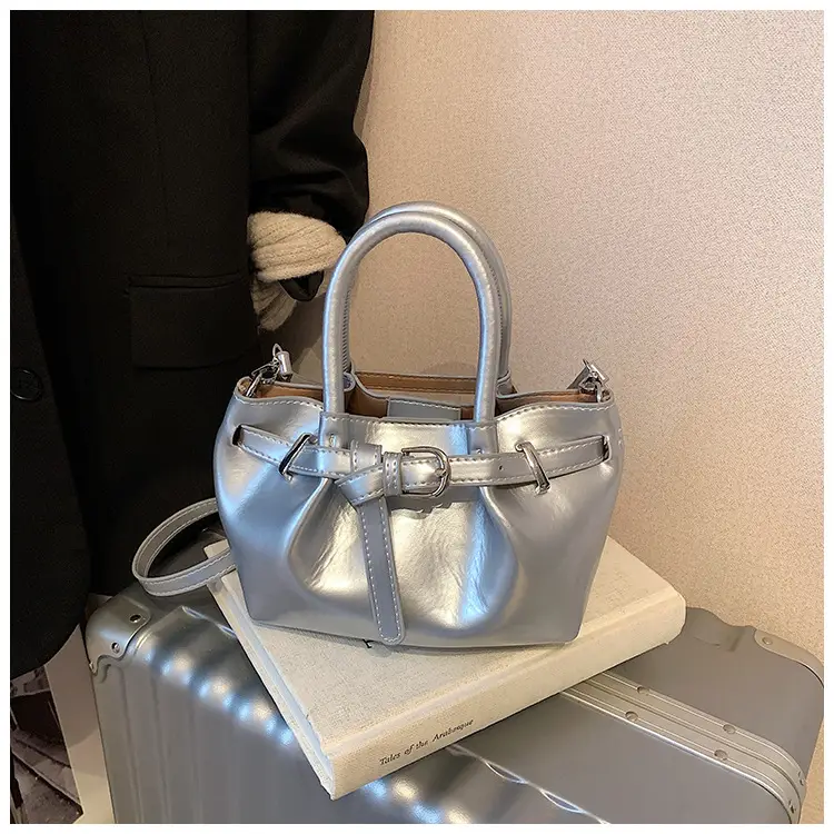 Women Pleated Handbag Gold One Shoulder Bucket Bag — feature 28