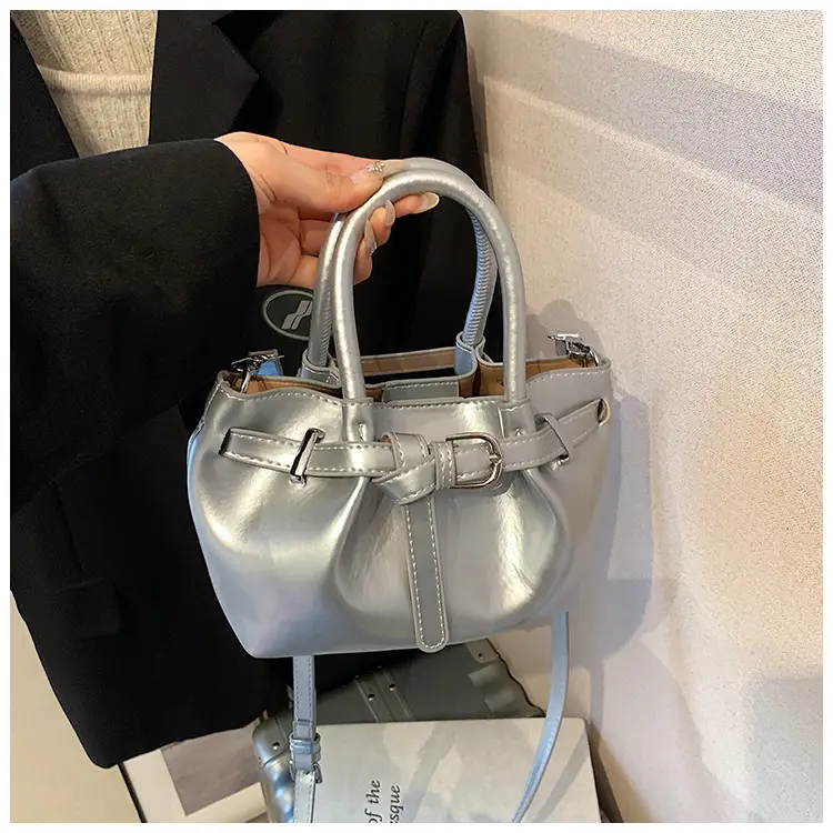 Women Pleated Handbag Gold One Shoulder Bucket Bag — feature 29